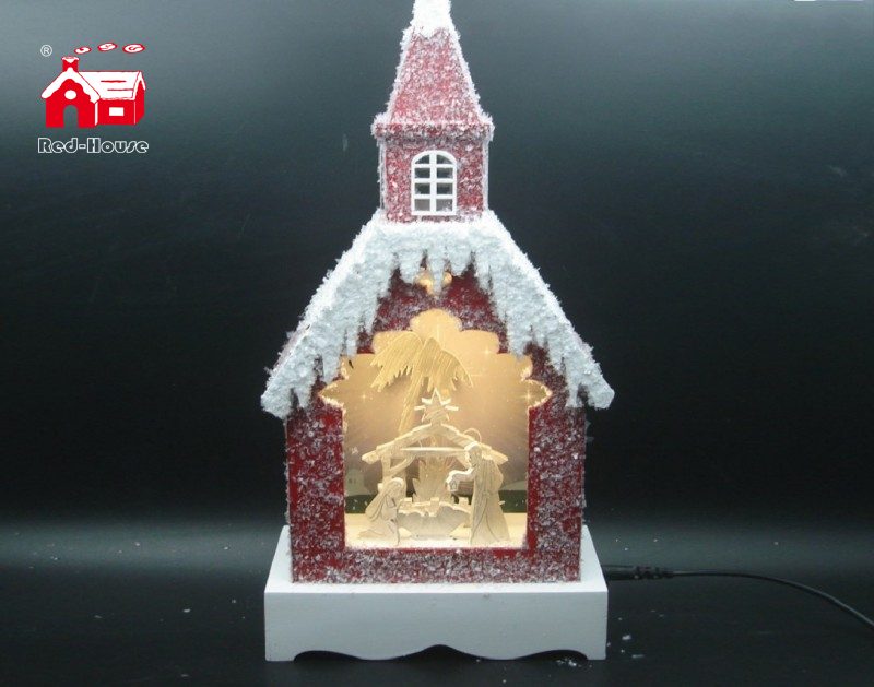 Christmas Decorative House Shape Music Box As Led Home Decoration with Snow Flake And Led Street Light inside