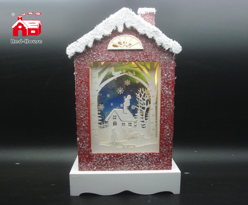 Christmas Decorative House Shape Music Box As Led Home Decoration with Snow Flake Moving And Led Street Light inside