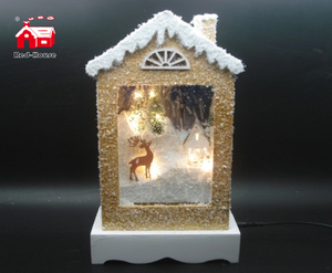 Christmas Decorative House Shape Music Box As Led Home Decoration with Artificial Snow Blowing And Led Street Light inside