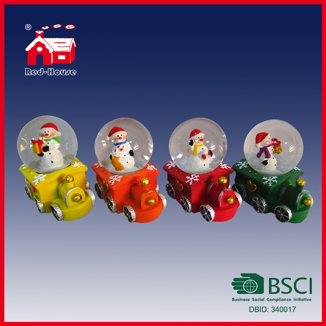 Christmas Ornament Snow Globe Snowman on Train Base with Flying Snow and LED Lights Water Globe